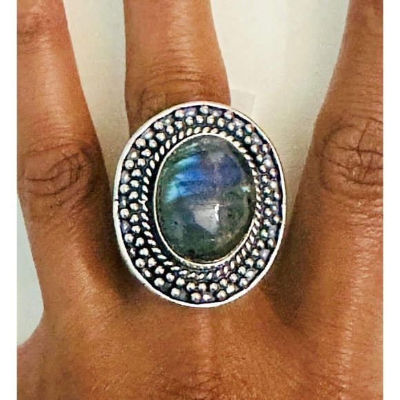 Labradorite Real Gemstone Ring Large 1.25 Inches Ornate Setting Ring Size 9 - Picture 9 of 9
